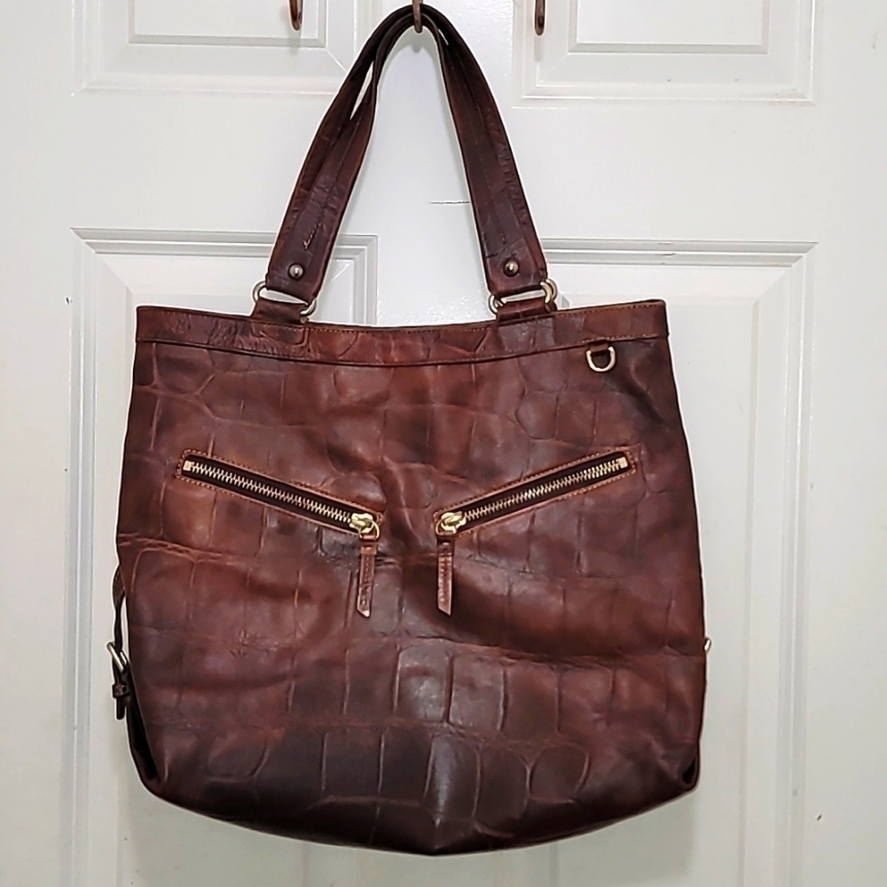 Dooney &‎ Bourke Tote Bag Womens Brown Croc Embossed Leather Shoulder Bag - Picture 2 of 11